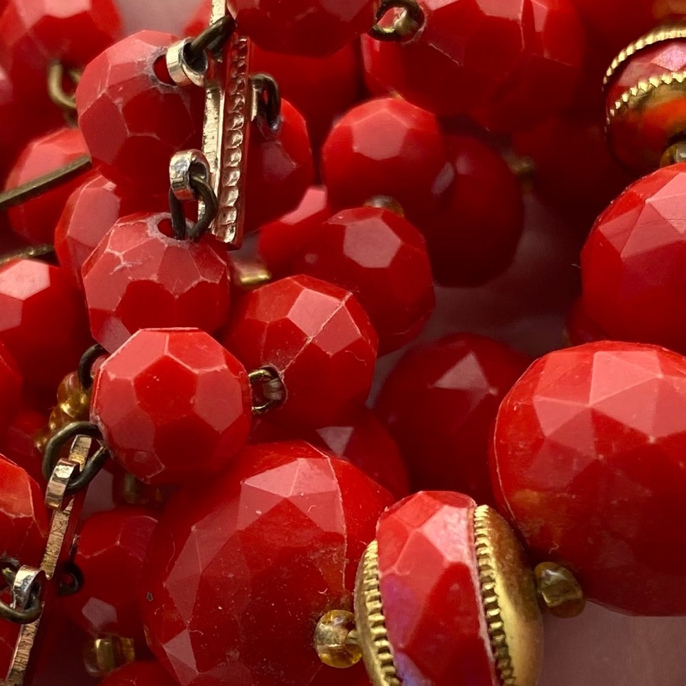 Vintage Germany Stamped Red Bead Multi Strand Nckl - Picture 7 of 14